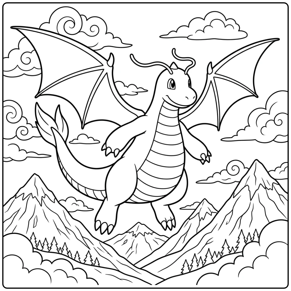 Dynamische dragonite kleurplaat: Dragonite vliegt over bergtoppen