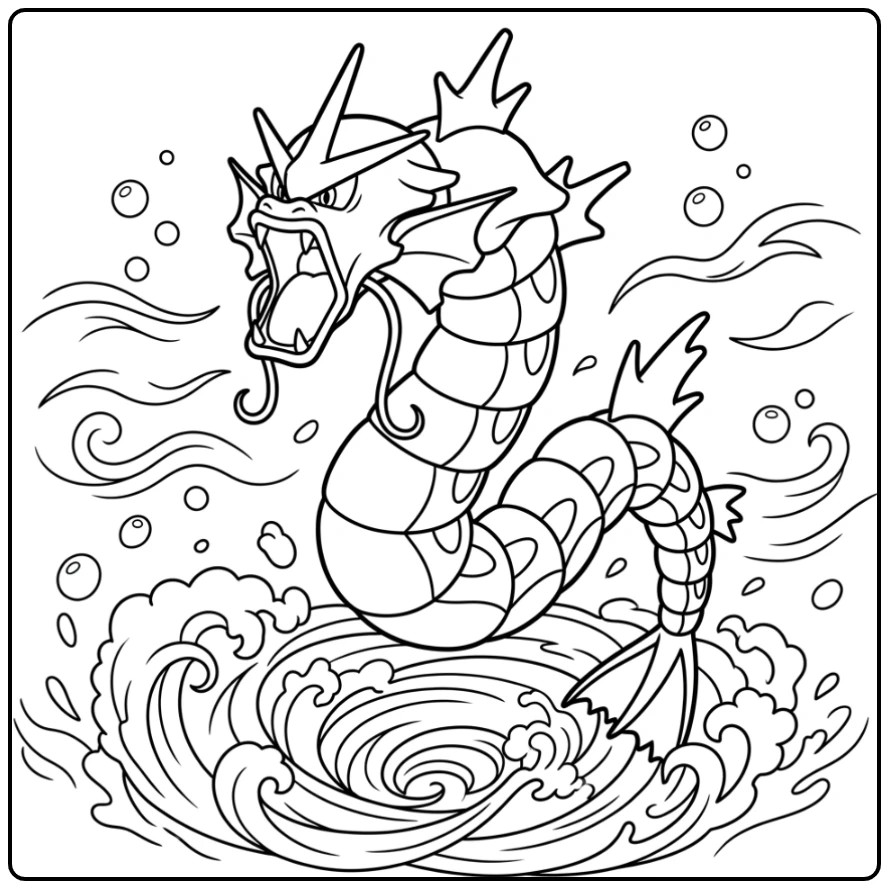 Dynamische gyarados kleurplaat: Gyarados stijgt spiraalsgewijs uit water