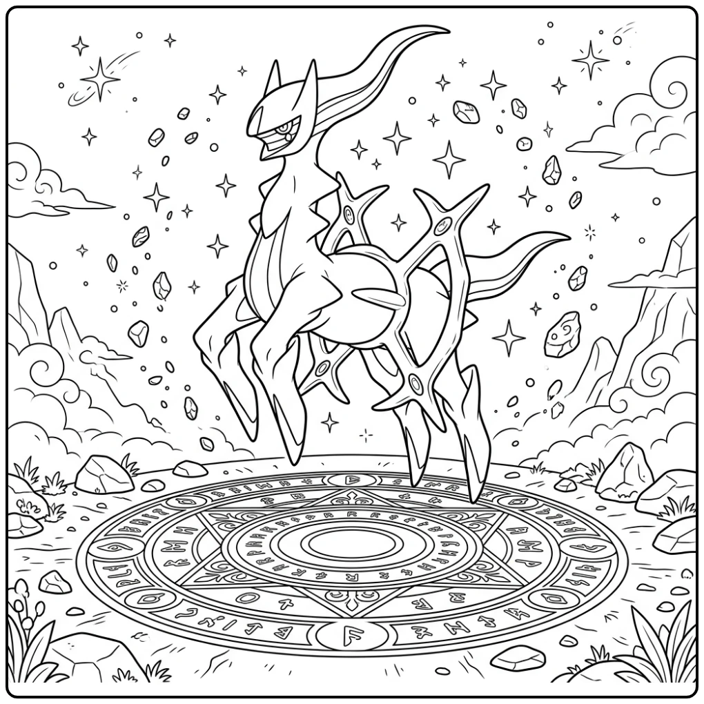 pokemon kleurplaat arceus, leviterend boven mystiek symbool en sterren.