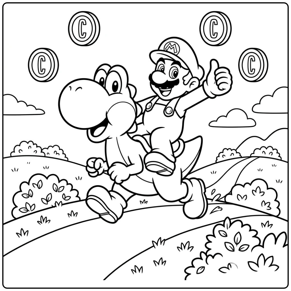 Vrolijke Mario en Yoshi rit; een leuke mario kleurplaat