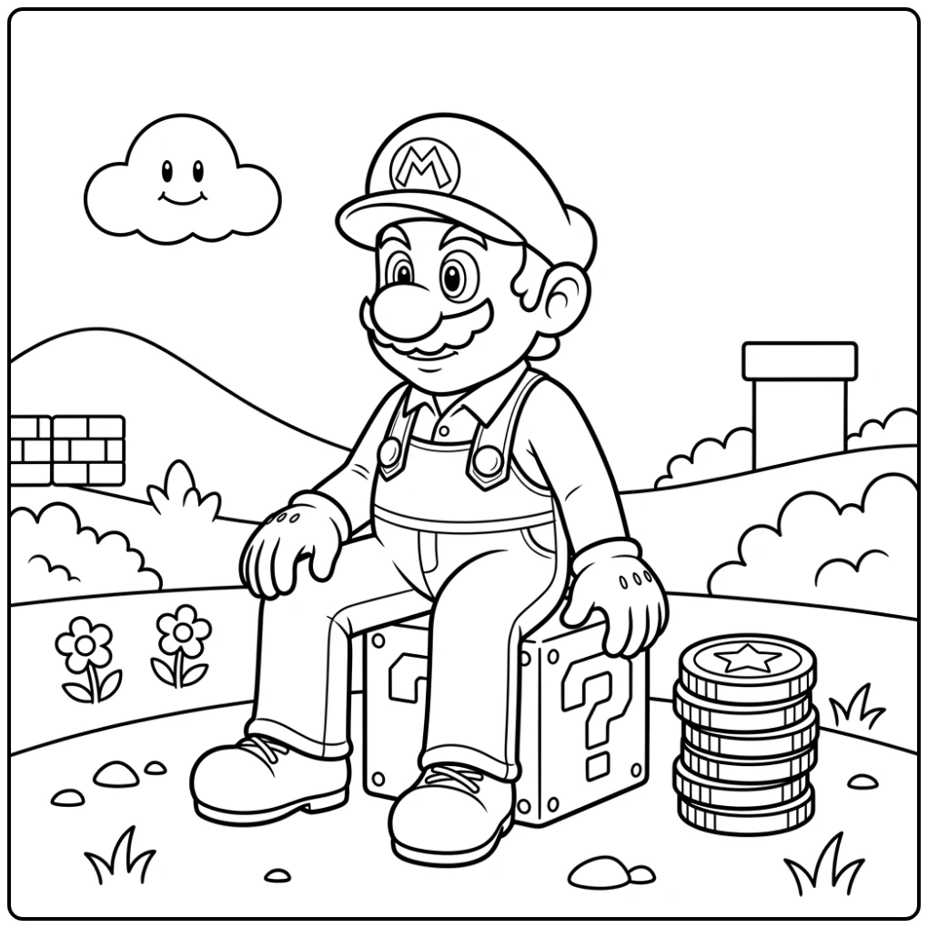 Rustende Mario op een blok, een fijne mario kleurplaat om in te kleuren.