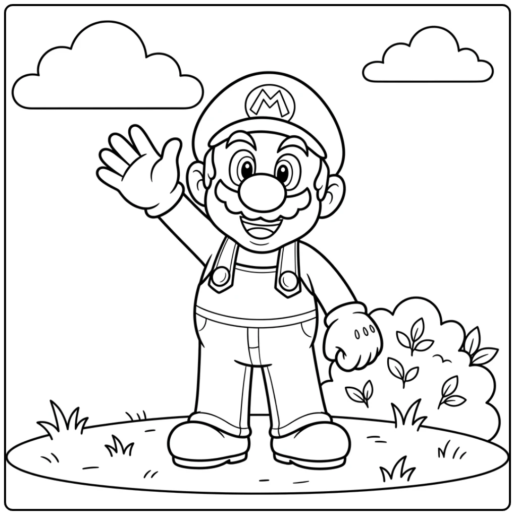 Vrolijke mario kleurplaat van Mario op gras, zwaaiend en lachend.