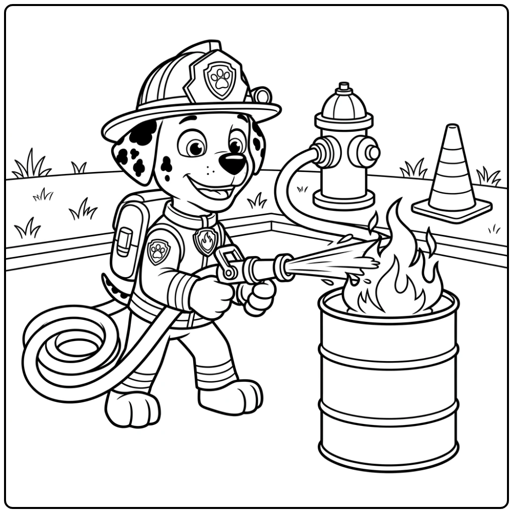 Leuke kleurplaat paw patrol marshall spuit water op oefenvuur