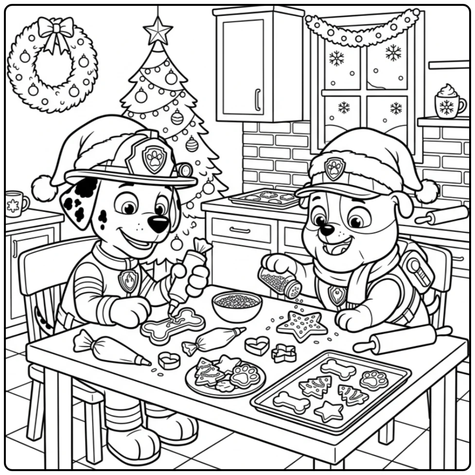 Marshall en Rubble versieren kerstkoekjes - paw patrol kerst kleurplaat.