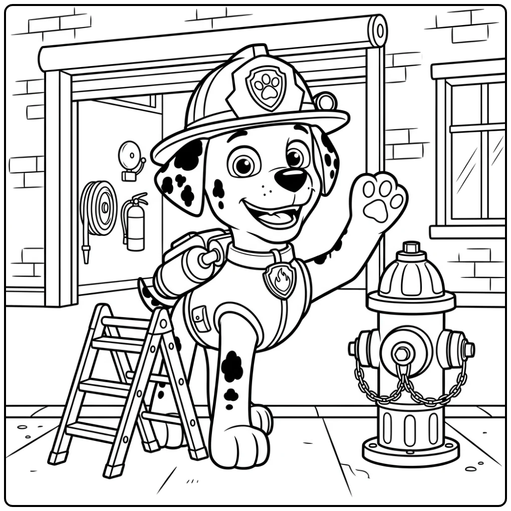 Blije kleurplaat paw patrol marshall bij brandkraan en ladder.