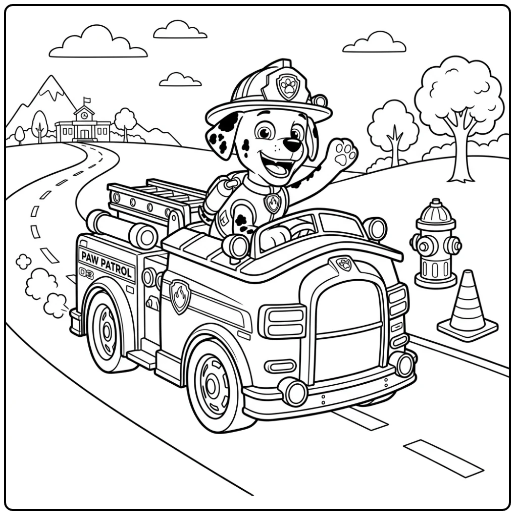 Opwindende kleurplaat paw patrol marshall in zijn brandweerwagen