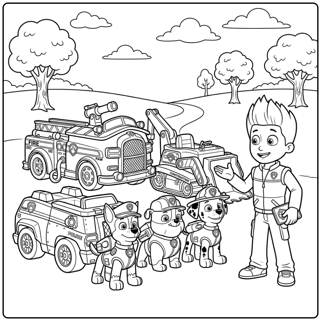 Ryder en de pups met hun voertuigen, klaar voor paw patrol auto kleurplaat.