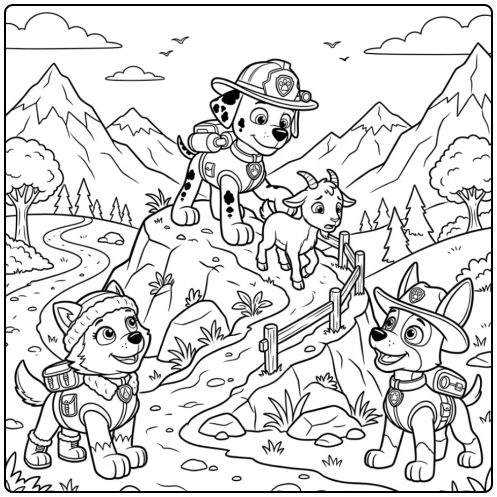 Marshall redt geitje, begeleid door Everest en Tracker kleurplaat paw patrol marshall.