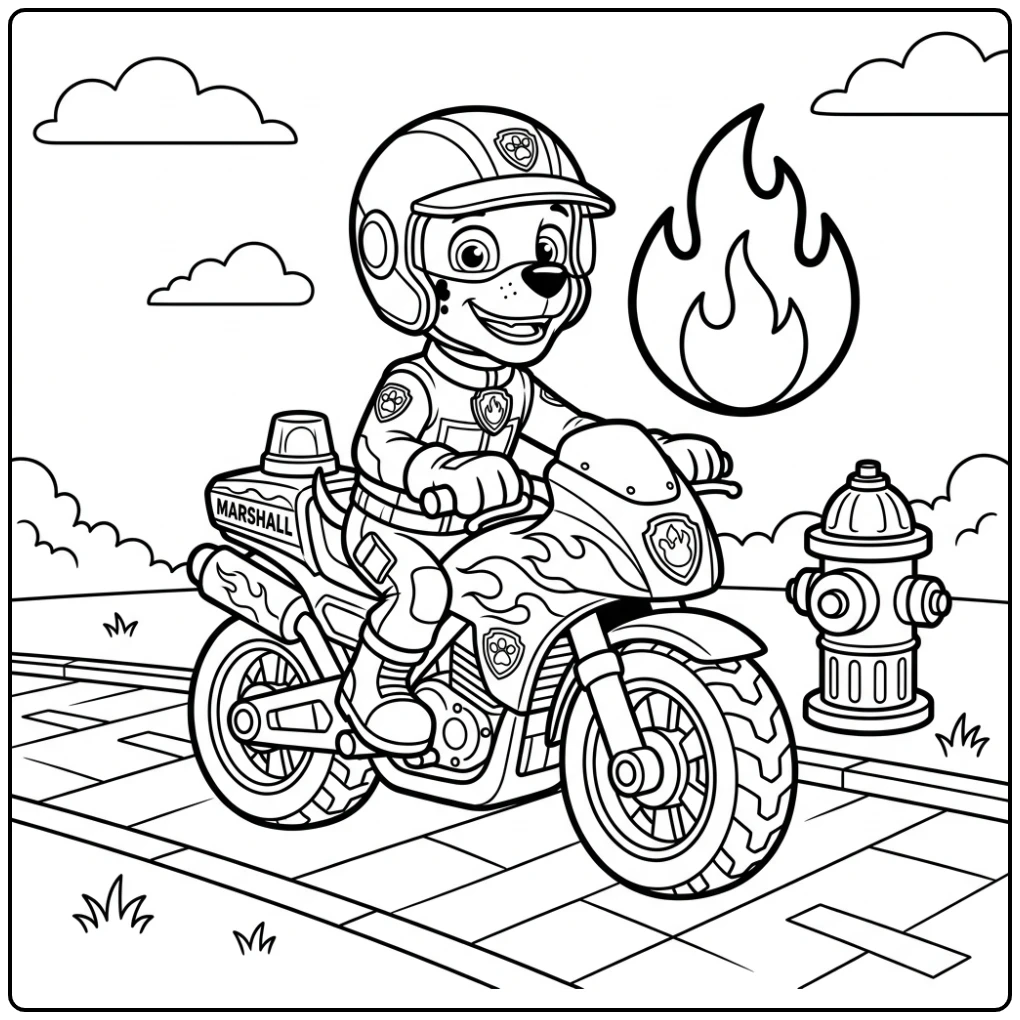 Marshall op zijn brandweermotor: patrol moto pups paw patrol moto pups kleurplaat.
