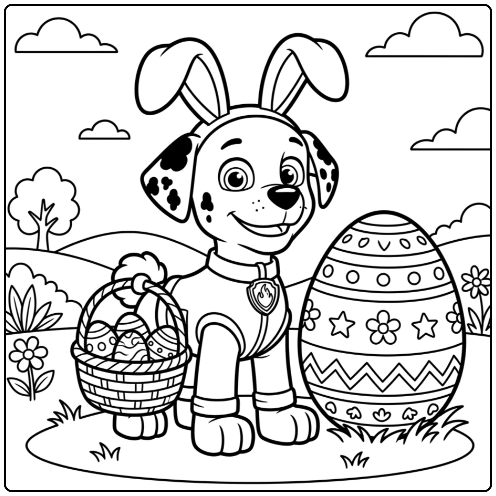 Kleurplaat paw patrol pasen: Marshall als paashaas met eieren.