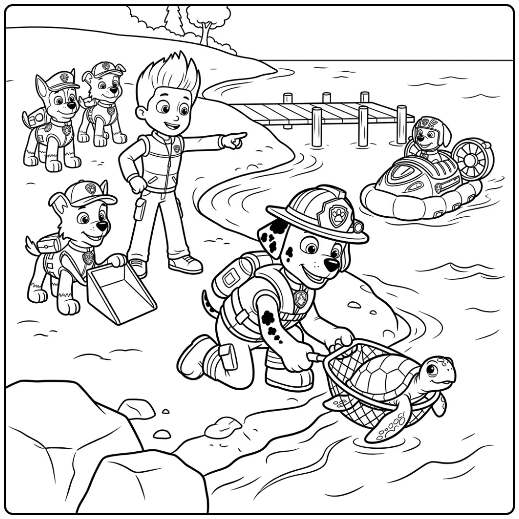 kleurplaat paw patrol marshall redt een schildpad aan de kust