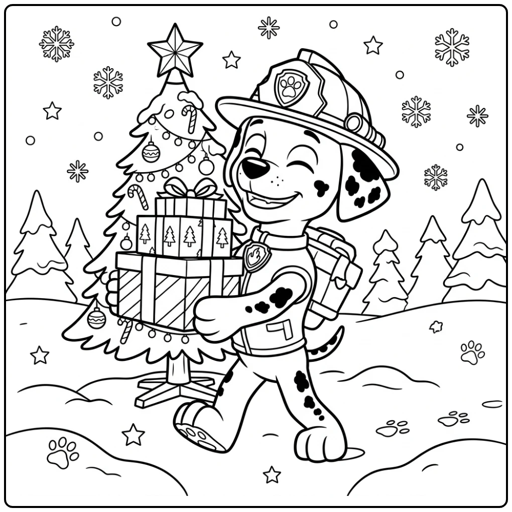 Marshall met cadeautjes, paw patrol kerst kleurplaat plezier.