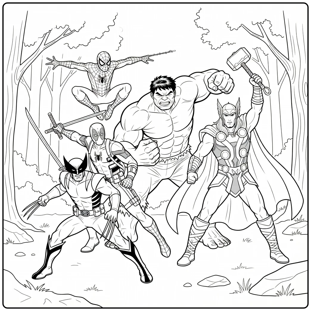 Spannende marvel kleurplaat met Spider-Man, Hulk en Thor.