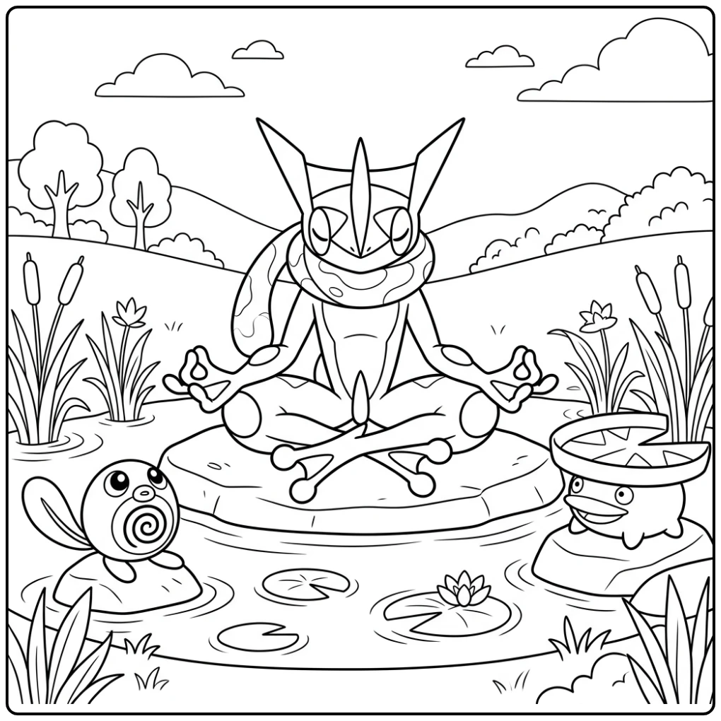 Rustgevende greninja kleurplaat: Greninja mediteert bij kalme vijver.