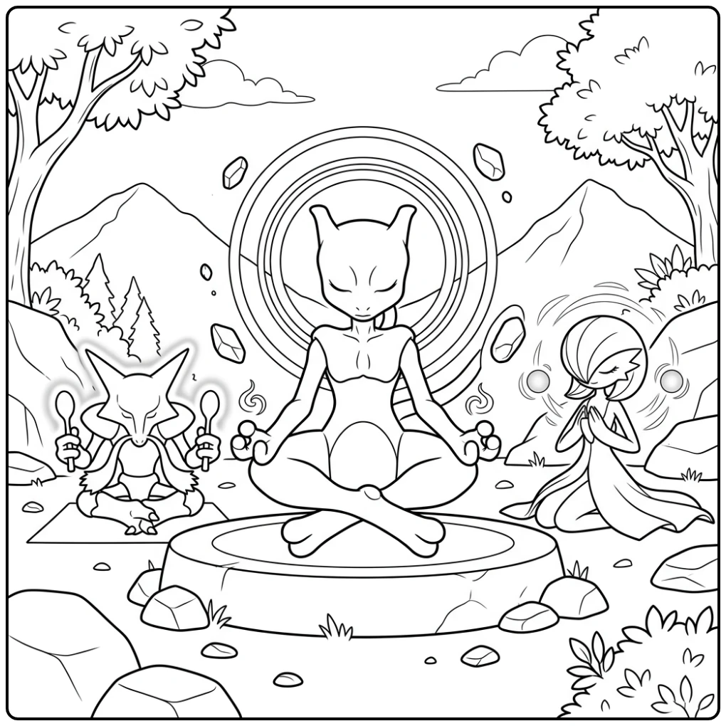 Kalme mewtwo kleurplaat met Alakazam en Gardevoir.