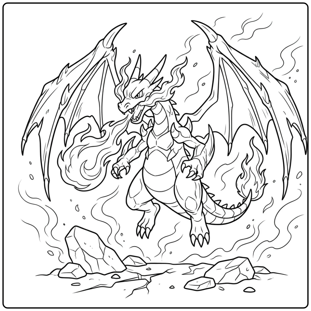 Vliegende Mega Charizard X pokemon kleurplaat met blauwe vlammen