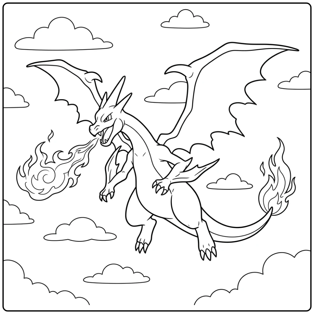 Mega Charizard Y pokemon kleurplaat, zwevend door de wolken met vlammen.