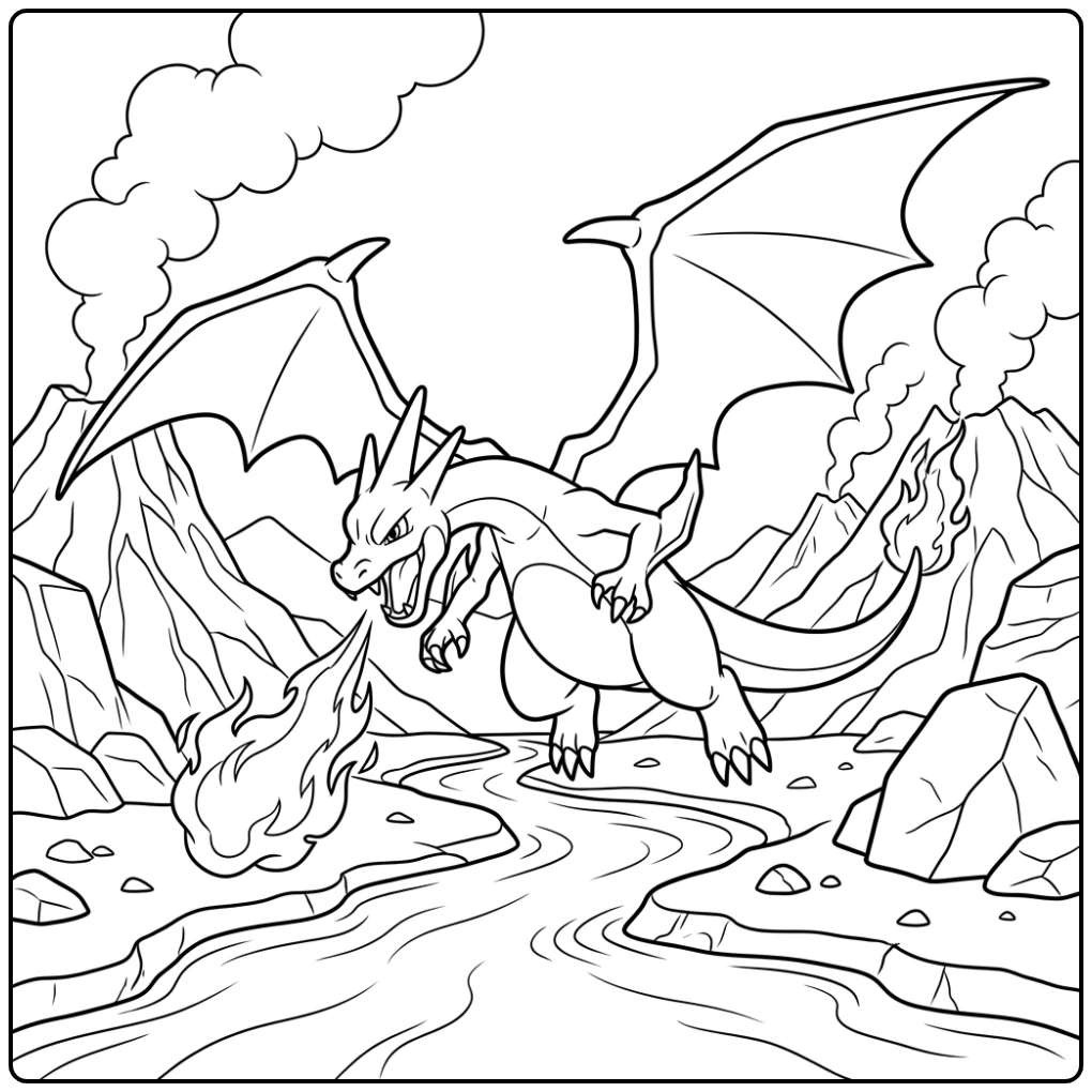 pokemon kleurplaat mega charizard y, vliegend boven lava, vleugels gespreid