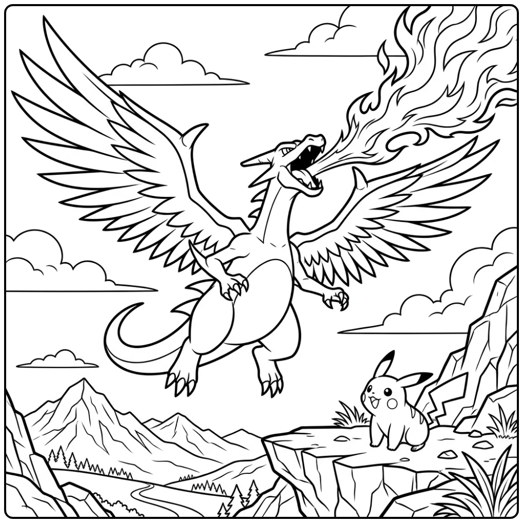Dynamische pokemon kleurplaat mega charizard y: Charizard Y spuwt vuur!