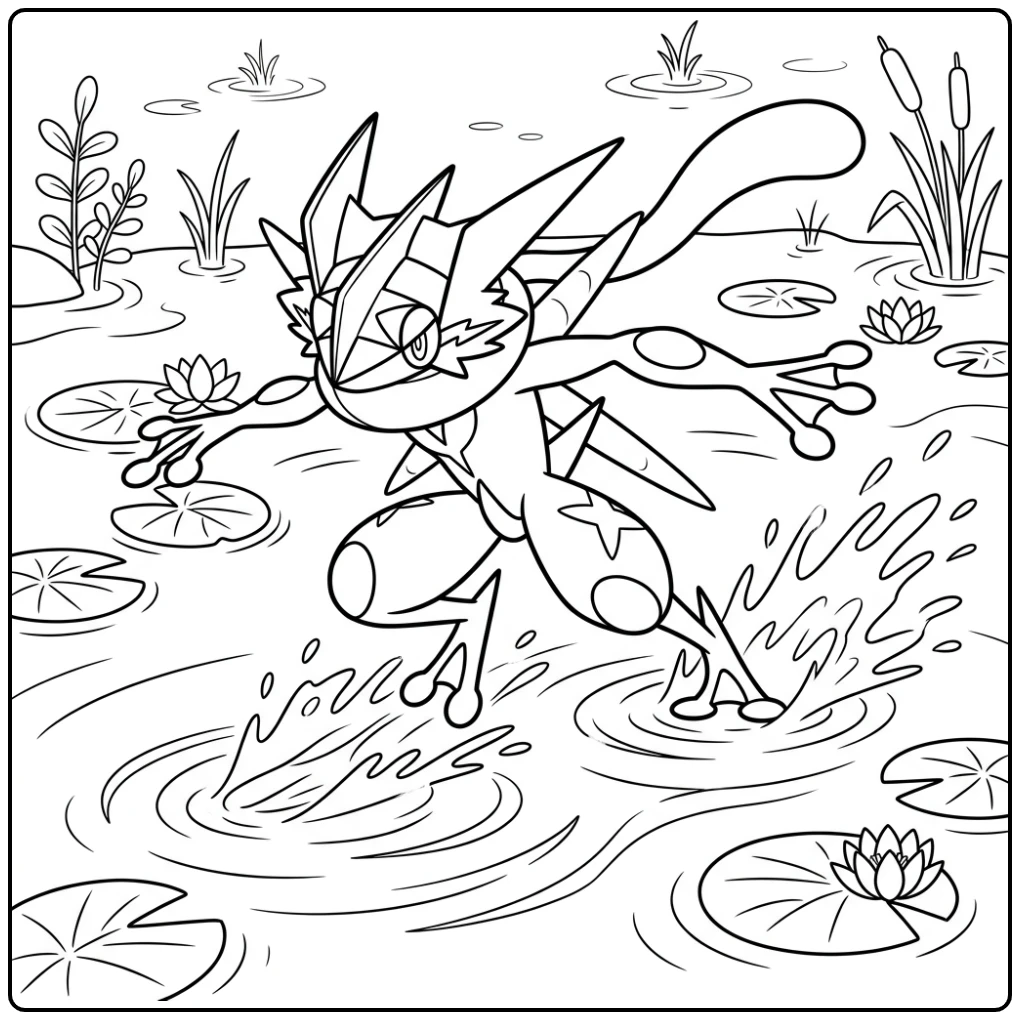 Actievolle kleurplaat pokemon mega greninja, over water.