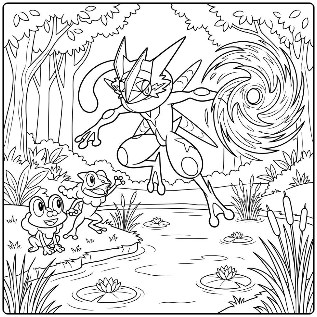 Kleurplaat pokemon mega greninja: dynamische sprong boven vijver.