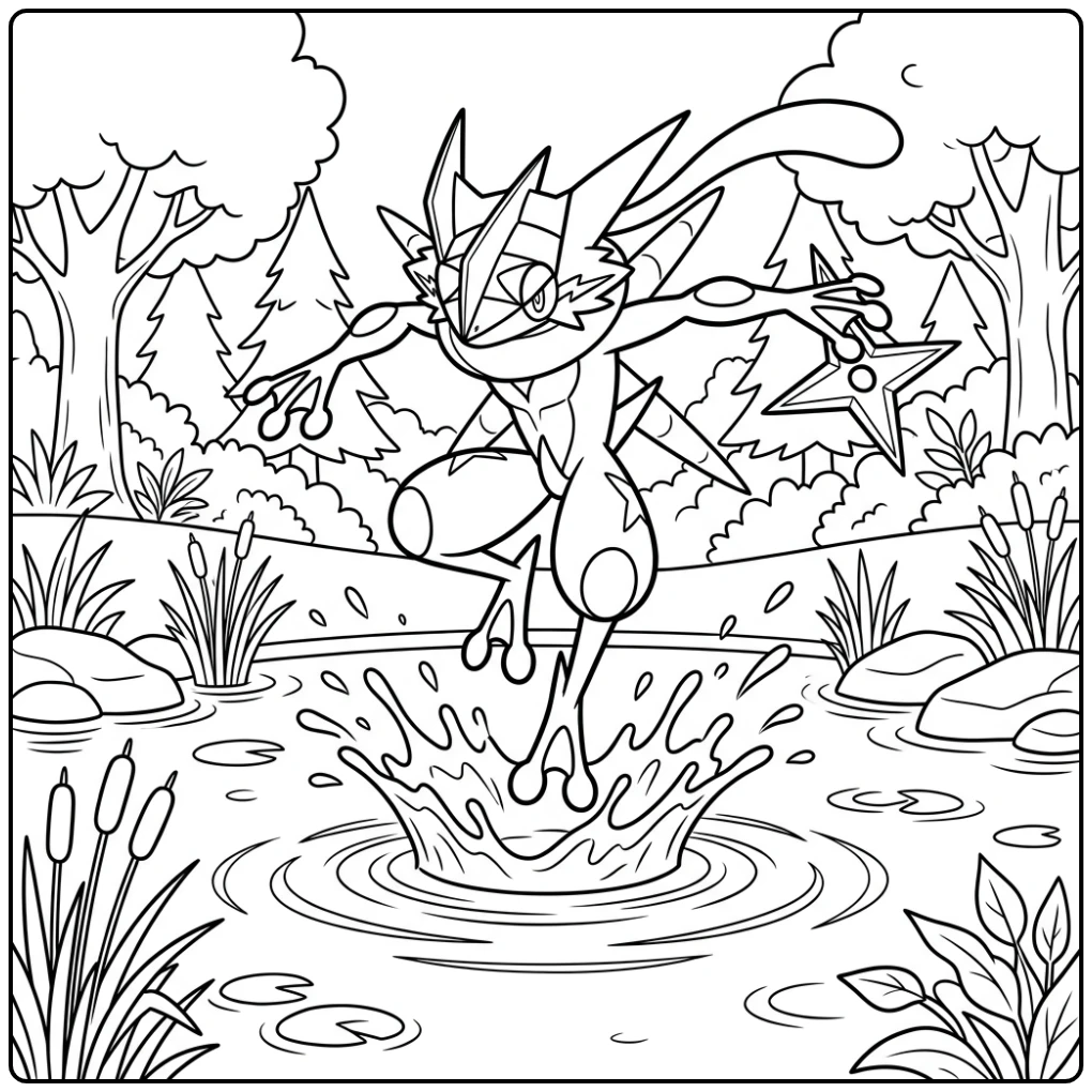 Dynamische kleurplaat pokemon mega greninja sprong boven vijver.