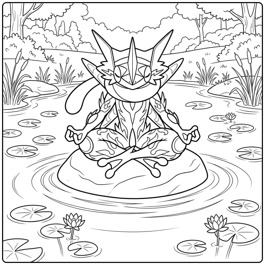 Kleurplaat pokemon mega greninja: Greninja mediteert kalm op een rots.