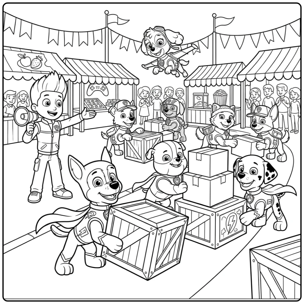 Avontuurlijke kleurplaat paw patrol mega pups verplaatsen dozen