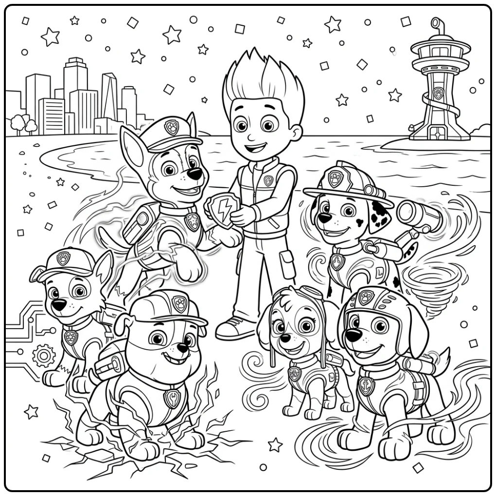 kleurplaat paw patrol mega pups, team viert redding met badges