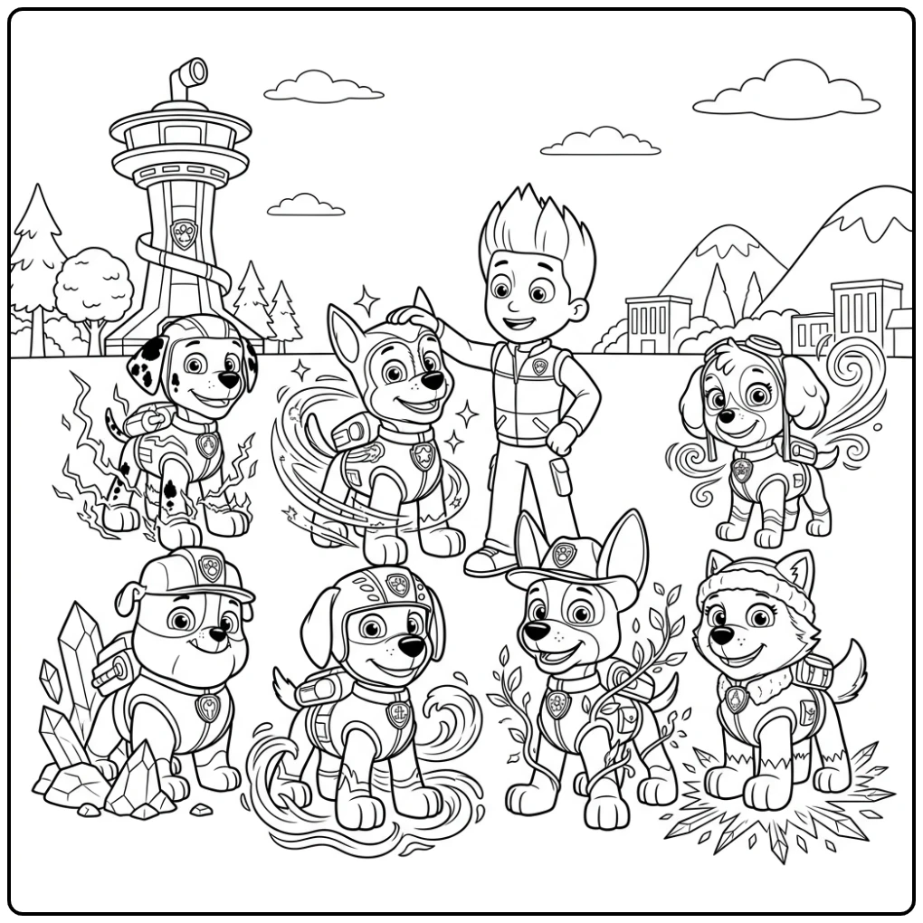 kleurplaat paw patrol mega pups: team na redding, Ryder aait Chase