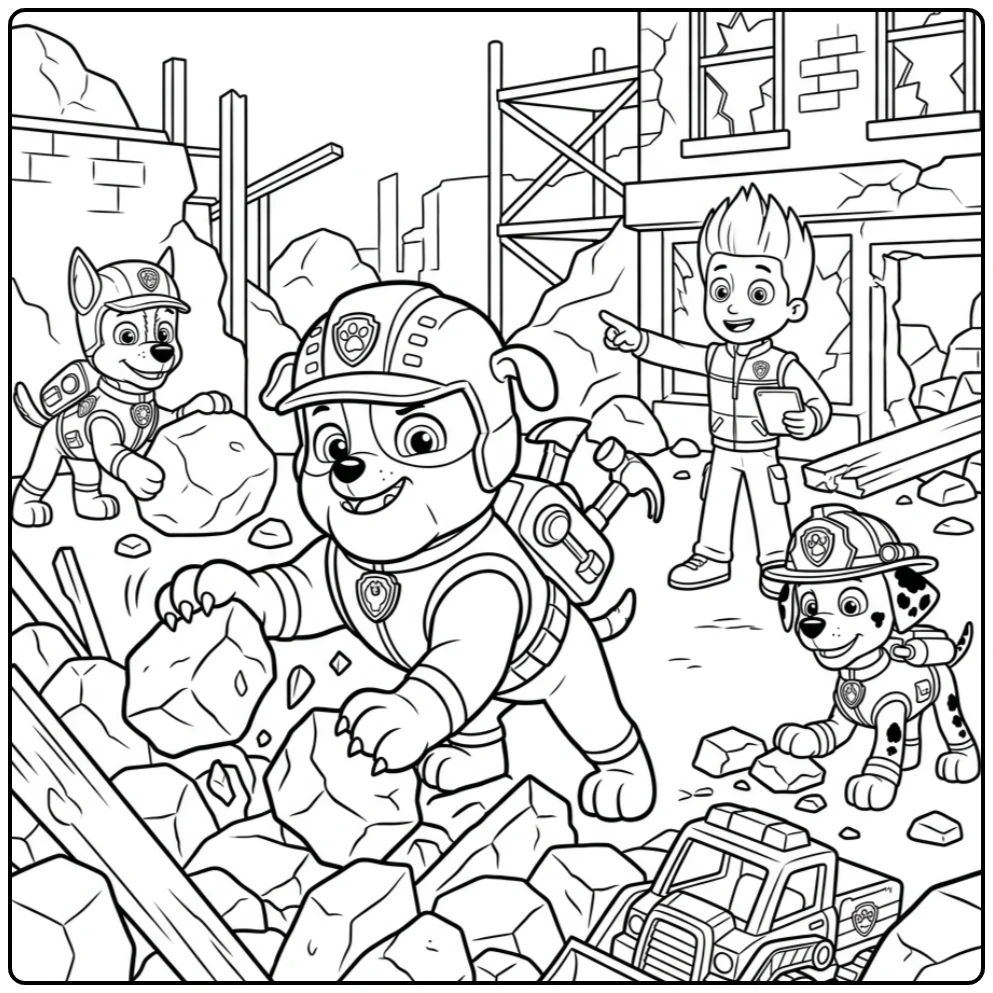 Rubble's reddingsactie: kleurplaat paw patrol mega pups aan het werk.