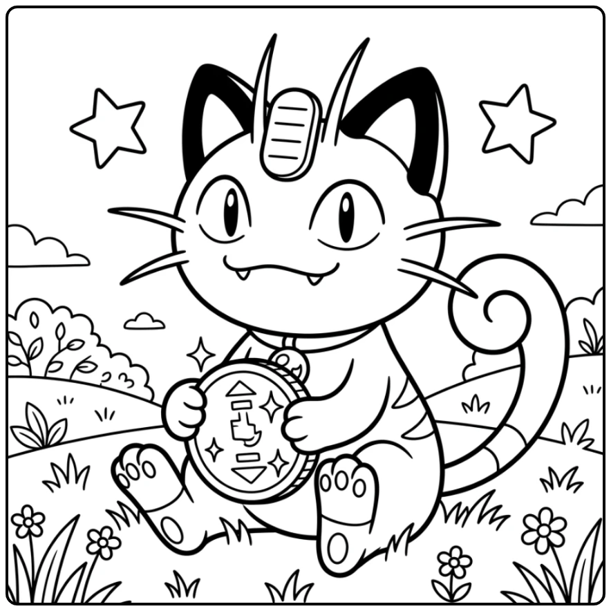 Leuke pokemon kleurplaat makkelijk: trotse Meowth met glimmende munt
