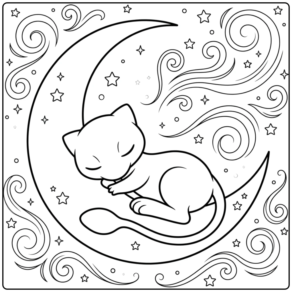 Schattige mew kleurplaat slapend op een halve maan en sterren.