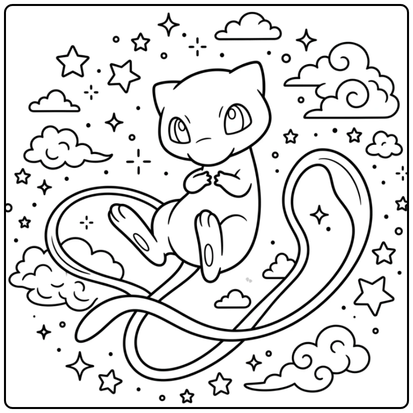 Zwevende Pokémon op deze schattige mew kleurplaat.