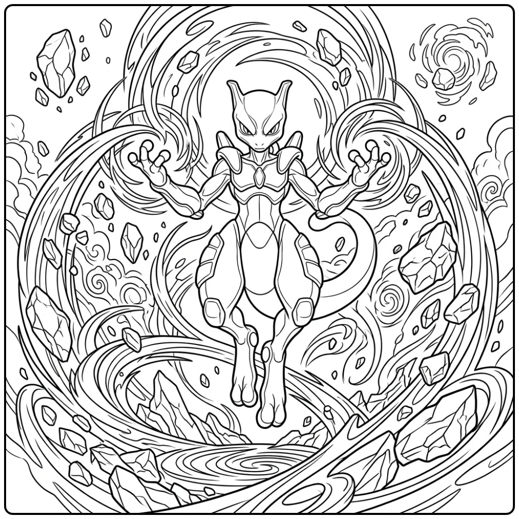 Mewtwo leviteert met psychische energie, kleurplaat pokemon moeilijk