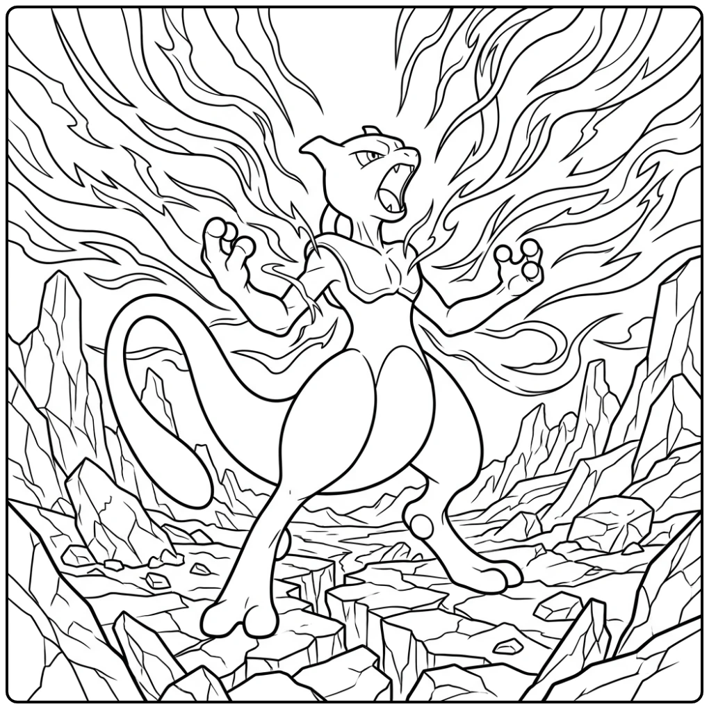 Epische mewtwo kleurplaat met krachtige psychische golven.
