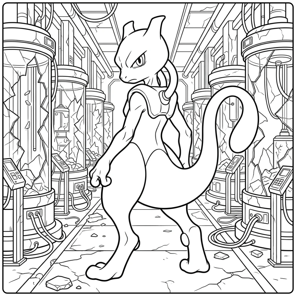 Gedetailleerde mewtwo kleurplaat in een kapot laboratorium.