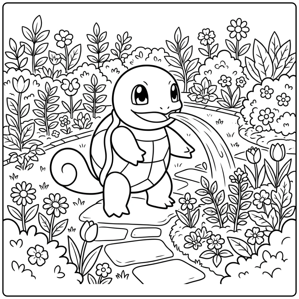 Schattige squirtle kleurplaat die een tuin water geeft