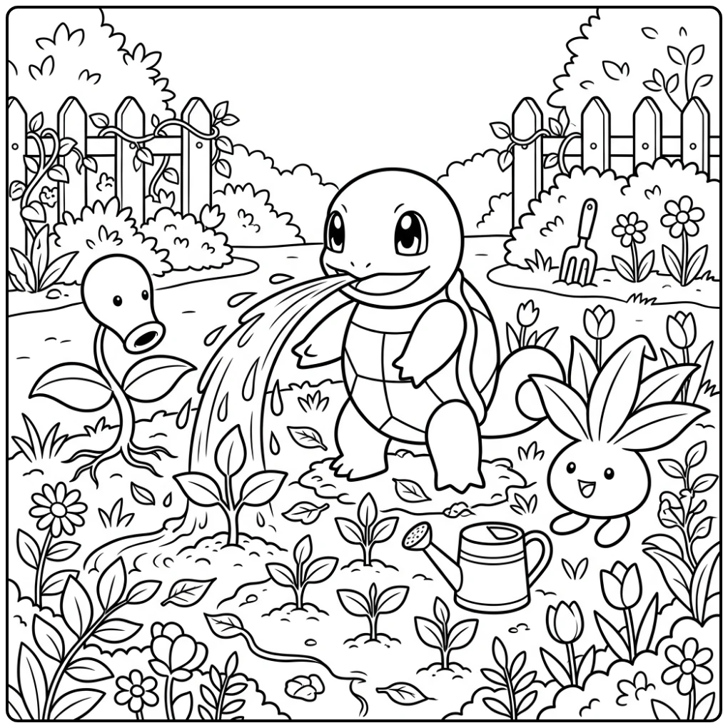 Leuke squirtle kleurplaat: Squirtle giet water op plantjes