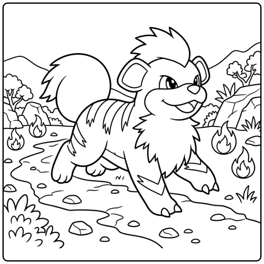 Growlithe pokemon kleurplaat: speels rennend op een rotsachtig pad