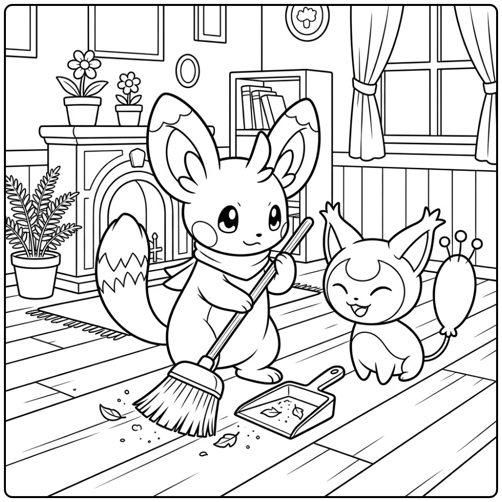 kleurplaat pokemon schattig van Minccino die veegt, Skitty kijkt toe