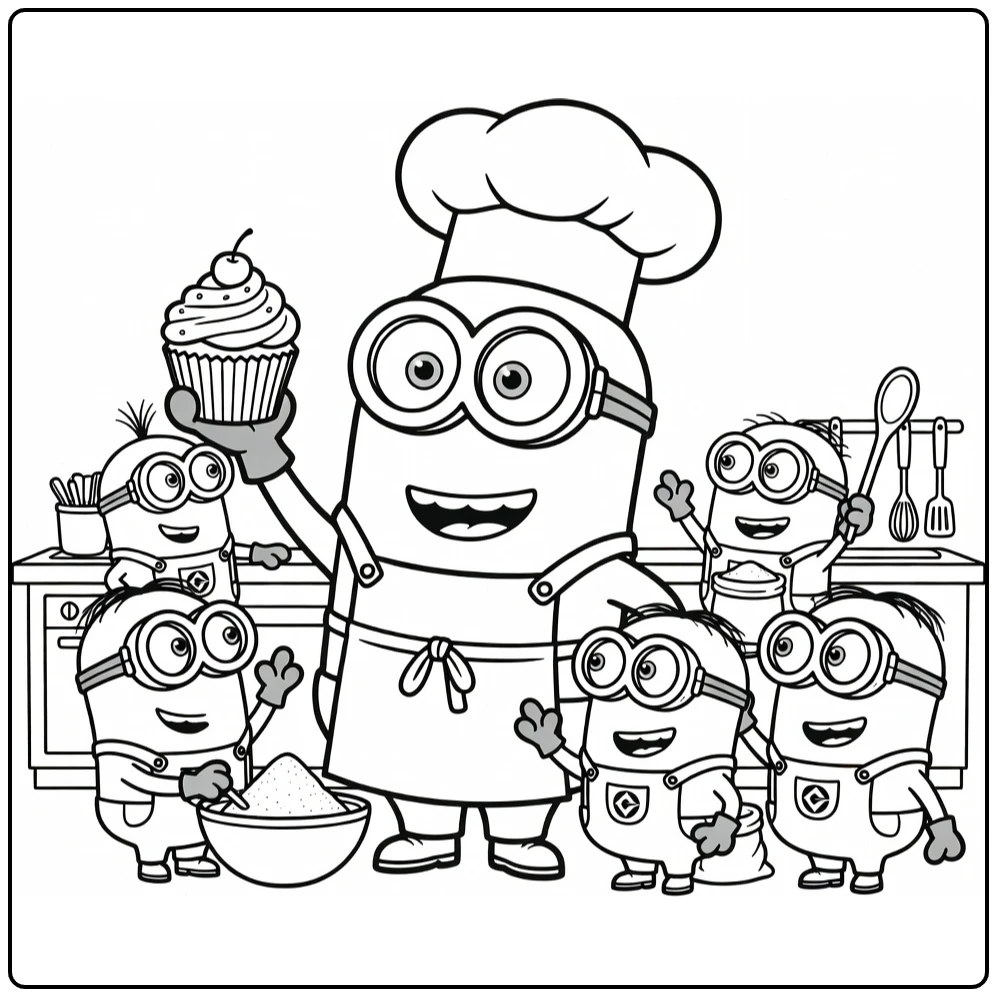 Minion kleurplaat: kok Minion met cupcake en Bob, Stuart, Kevin