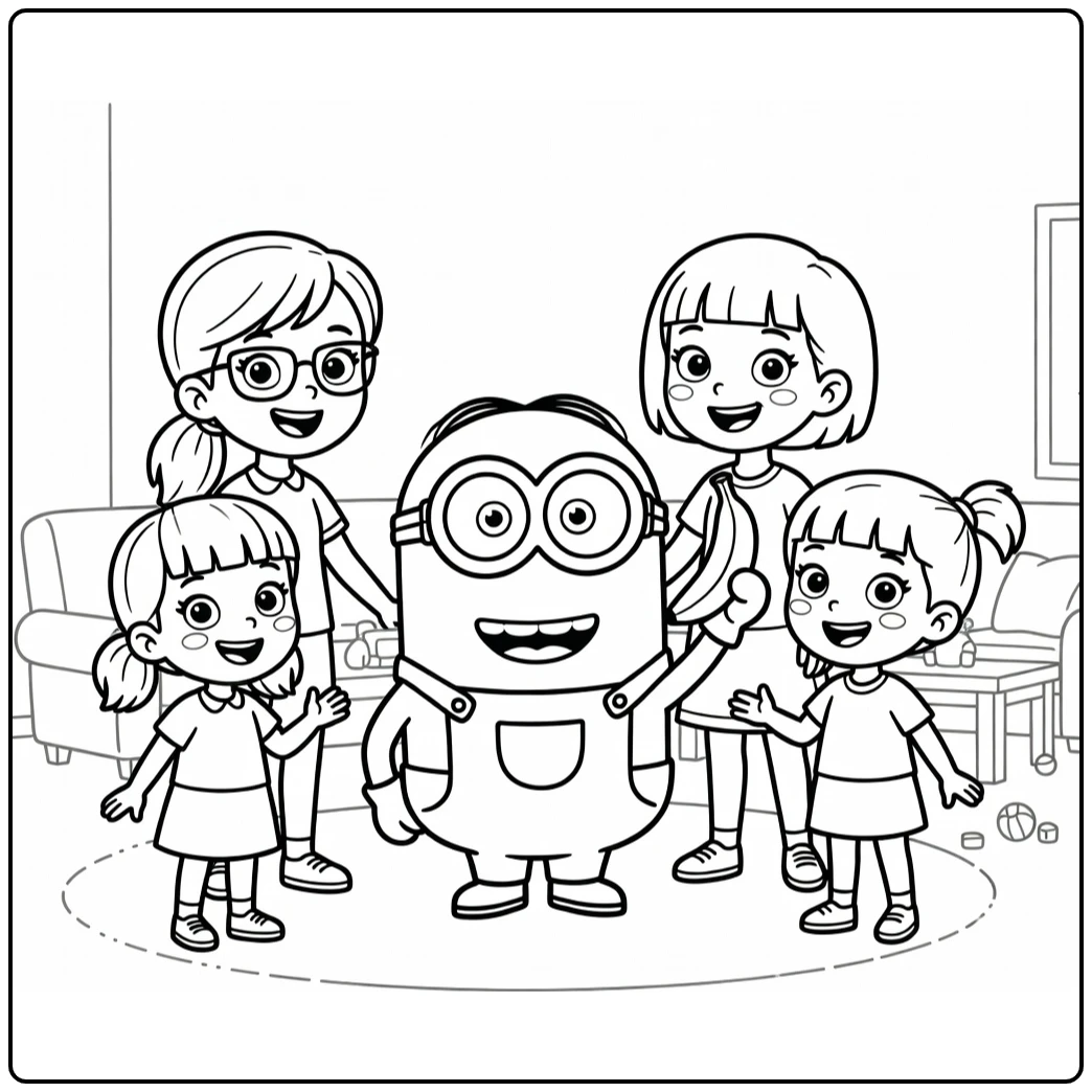 Minion kleurplaat: speelse Minion met banaan en lachende meisjes