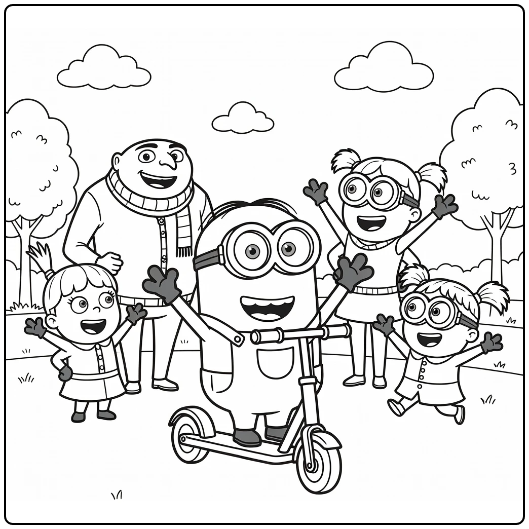 Minion kleurplaat: blije Minion op scooter met juichende familie