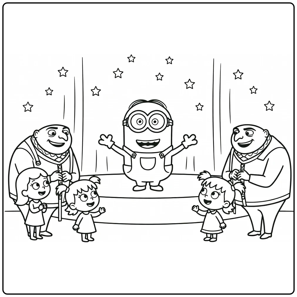 Minion kleurplaat: grappige Minion op podium met Gru, Lucy, Agnes