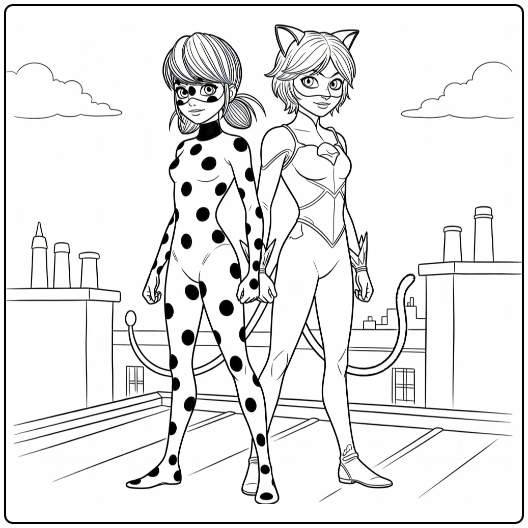 Miraculous kleurplaat Ladybug en Cat Noir rug aan rug op Parijs dak