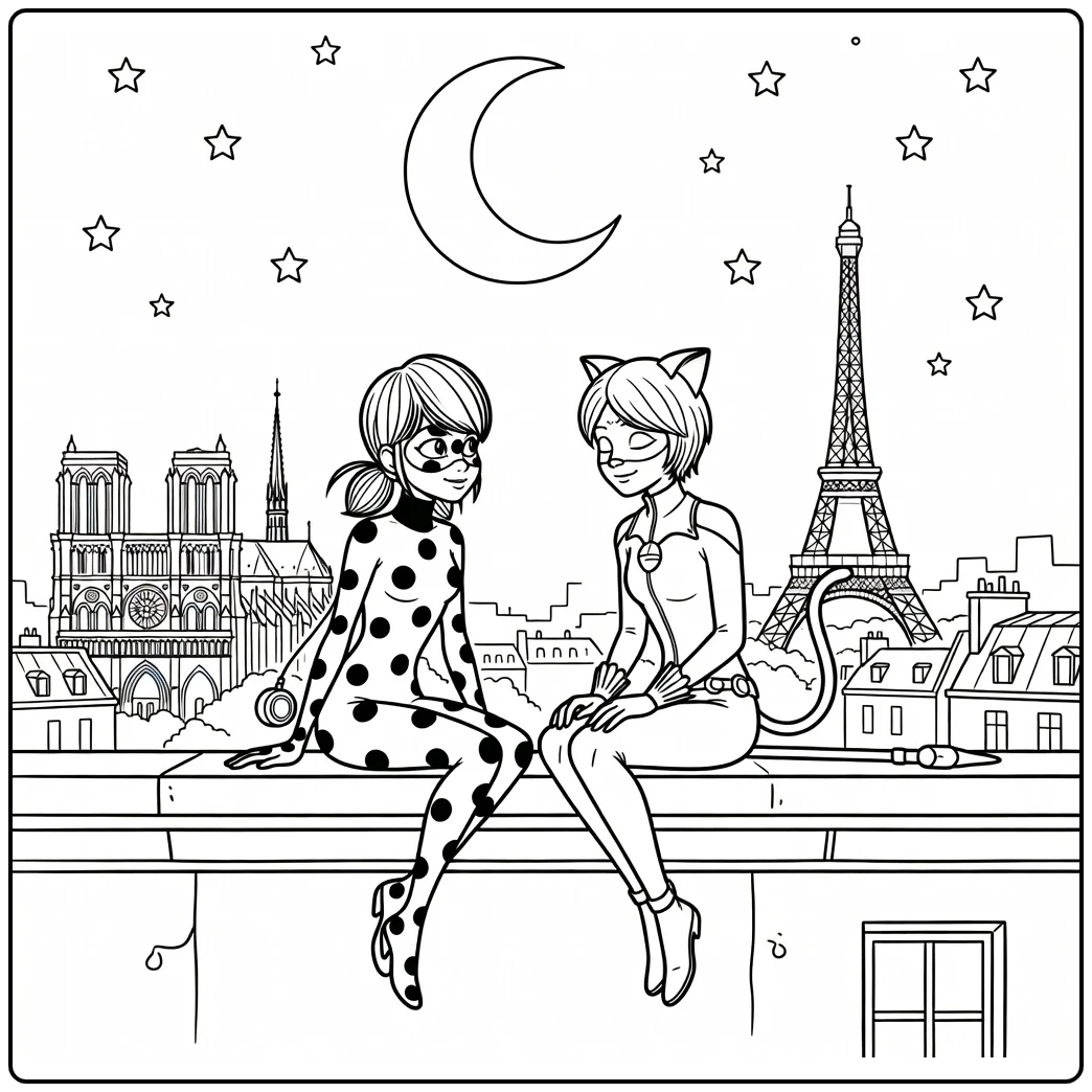 Miraculous kleurplaat Ladybug en Cat Noir op dak Parijs maan