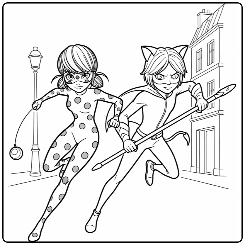 Miraculous kleurplaat: Ladybug en Chat Noir rennen door Parijs