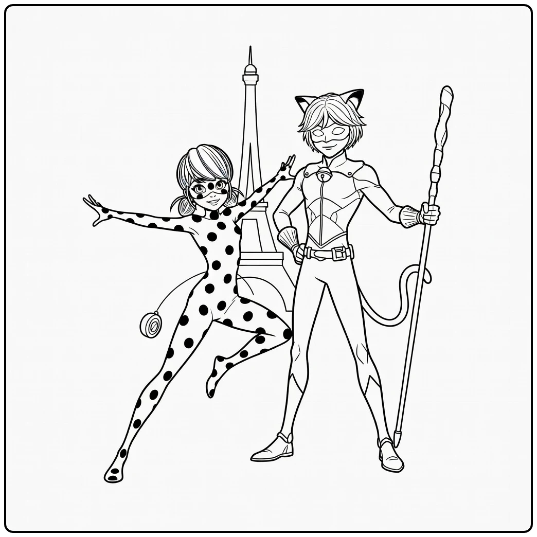 Miraculous kleurplaat: Ladybug landt op knie, Cat Noir met staf