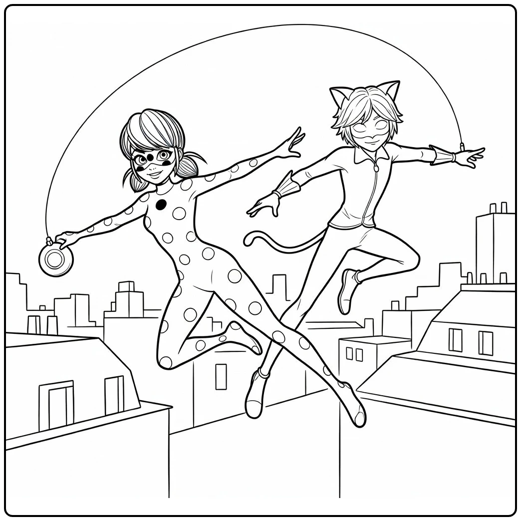 Miraculous kleurplaat: Ladybug zwaait met yo-yo, Cat Noir springt over Parijse daken